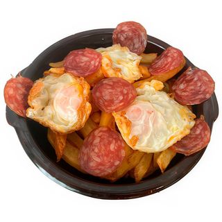 Ración Cojonuda De Huevos Estrellados Con Salchichón Ibérico