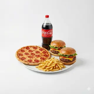 Menú 1 pizza (mediana) + 2 hamburguesas + patatas + bebida (2 lt.)