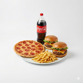 Menú 1 pizza (mediana) + 2 hamburguesas + patatas + bebida (2 lt.)
