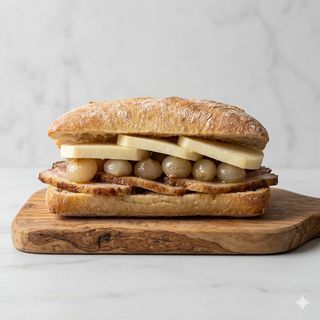 Ciabatta con Rigatino di Trequanda, Cipolline carammelate e caciotta della fattoria