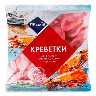 Креветки «Премія» глазуровані неочищені варено-морожені 70/90 (500г)