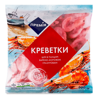Креветки «Премія» глазуровані неочищені варено-морожені 70/90 (500г)