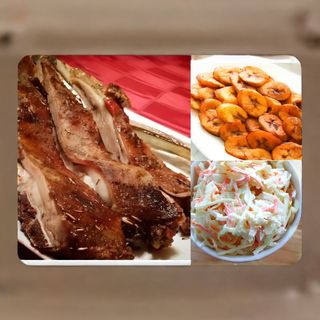 Spiced baby back ribs medium ( cow), fried plantain, coleslaw assorted mayonnaise and free delivery