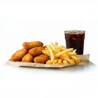 Pollo fritas combo,Pollo frito (4 uds.), alitas (6 uds.), tira de pollo (5 uds.), patatas fritas y Pepsi 1L