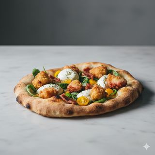 Polpo fritto, bufala, rucola, datteri gialli e guanciale croccante