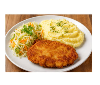 Kotlet schabowy z purée i surówką