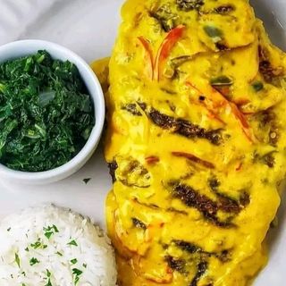 Coconut fish ,Rice and greens