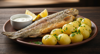 Păstrăv prăjit cu cartofi natur mujdei și lămâie