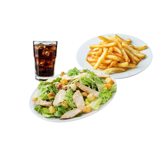 Ensalada con ternera, pollo o mixto + patatas + bebida