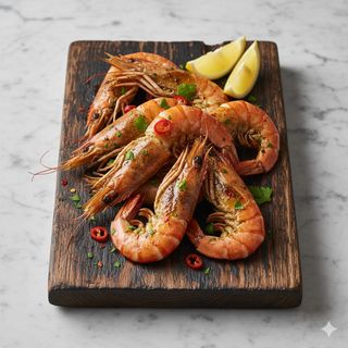 Langostinos Sobre Bandeja Quemada