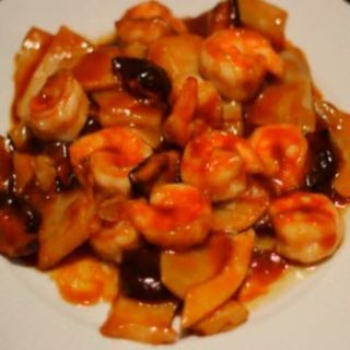 Gambas con setas chinas y bambú