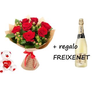 Ramo 7 Rosas Rojas + Osito Corazón + Regalo Freixenet