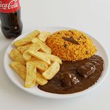 Half Chips + Pilau + beef gravy + soda