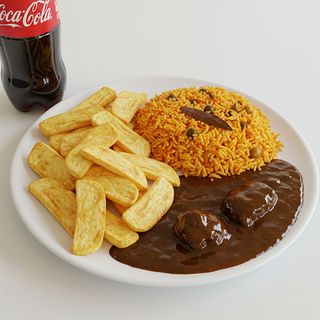 Half Chips + Pilau + beef gravy + soda