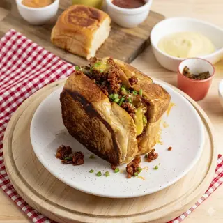 Brioche de chistorra de buey con cebolla caramelizada y parmesano