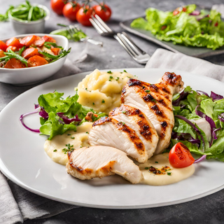 Grillowana pierś z kurczaka podana z ziemniakami i świeżą surówką. 