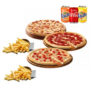 3 Pizzas medianas + 3 Bebidas + 2 Patatas