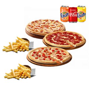 3 Pizzas medianas + 3 Bebidas + 2 Patatas
