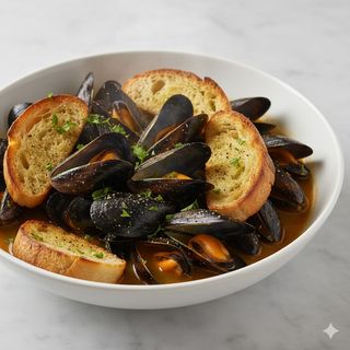 Pepata di cozze con crostone di pane all'aglio