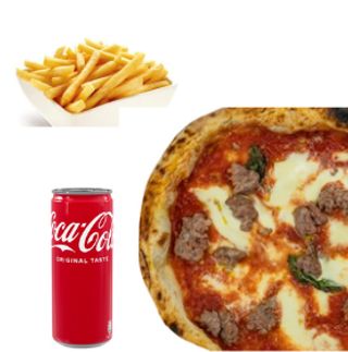 Salsiccia con patatine fritte e bevanda a scelta