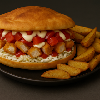 Bagheta cu snitel de pui + cartofi wedges 650g + bautura la alegere