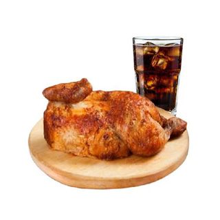 Menú de medio pollo a la brasa con ensalada y patatas o arroz