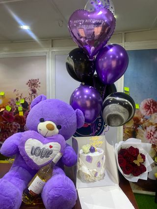 Birthday Combo of Balloons, Teddy bear, Wine, Cake and Roses