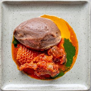 Amala, Ewedu, and Goat Meat
