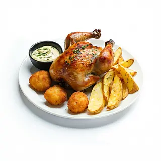 Formula Pollo a l' ast ( pollo, croquetas, alioli, patatas )