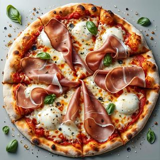 Metà pizza di brönte e metà saltimbocca crudo e mozzarella di bufala campana con prosciutto