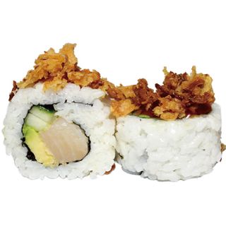 Uramaki de pez mantequilla aguacate y cebolla frita