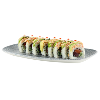 PREMIUM Dragon roll z krewetką, tuńczykiem i łososiem