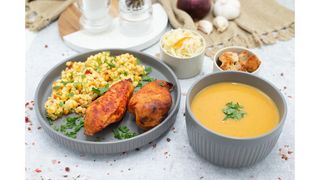 Supa crema de legume cu aroma de coriandru,piept de pui copt,cus cus cu legume,salata de varza alba