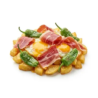 Huevos Rotos Con Jamón Ibérico Y Pimientos De Padrón