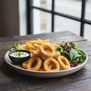 Inele calamar pane cu cartofi prăjiți, sos aioli și mix salată