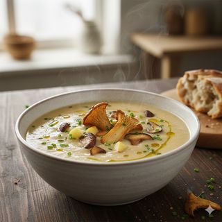 Crema di patate topinambur e funghi saltati