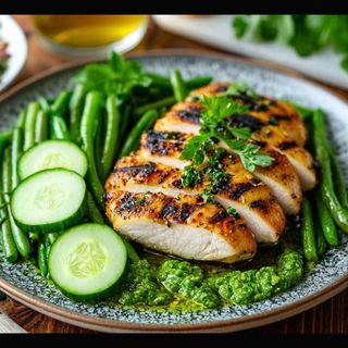 Chicken fillet on the grill with pesto sauce