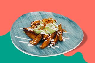 Baked potato, guacamole, crispy onion, vegan mayo