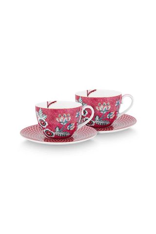 Flower Festival Red set 2 cesti capuccino cu farfurii