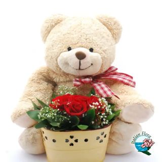 Cesto di rose rosse con peluche