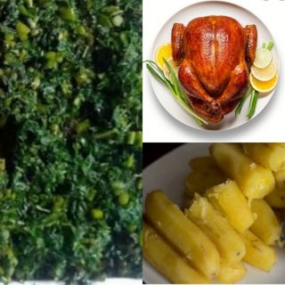 Whole spiced grilled chicken with steamed matooke fingers and green vegetables 