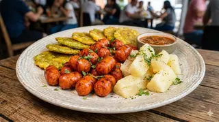 Plato De Choricitos Piquete Con Patacón Y Yuca