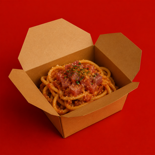 Bucatini Pesto Rosso, Tartar de Atún y Bottarga