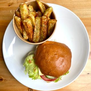 Beef and Cheese Burger with Fries and BBQ Sauce