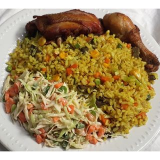 Jollof rice /fried rice, chicken / fish , coleslaw/ moi moi
