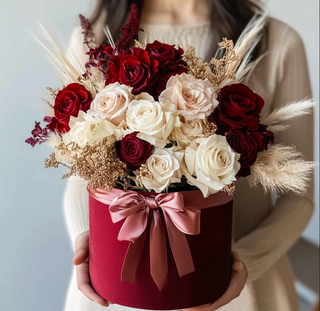 Aranjament floral în cutie cu 11 trandafiri mixt și astilbe