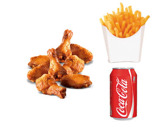 Alitas de pollo (7 uds.) + patatas + Coca Cola (330 ml.)