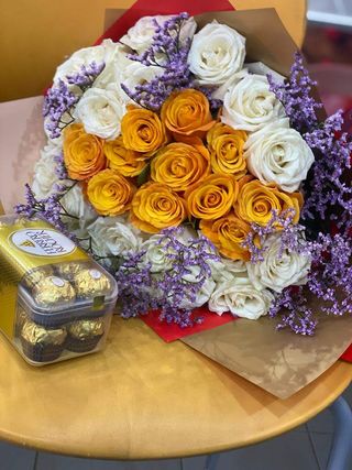 Citrus Serenade: White & Orange Roses plus Ferrero T16 Chocolates