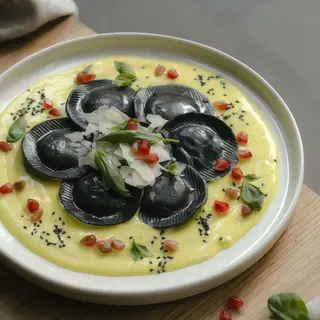 raviolos negros de berenjena a la parmigiana