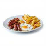 Jamón a la plancha, chorizo, huevo frito y patatas fritas